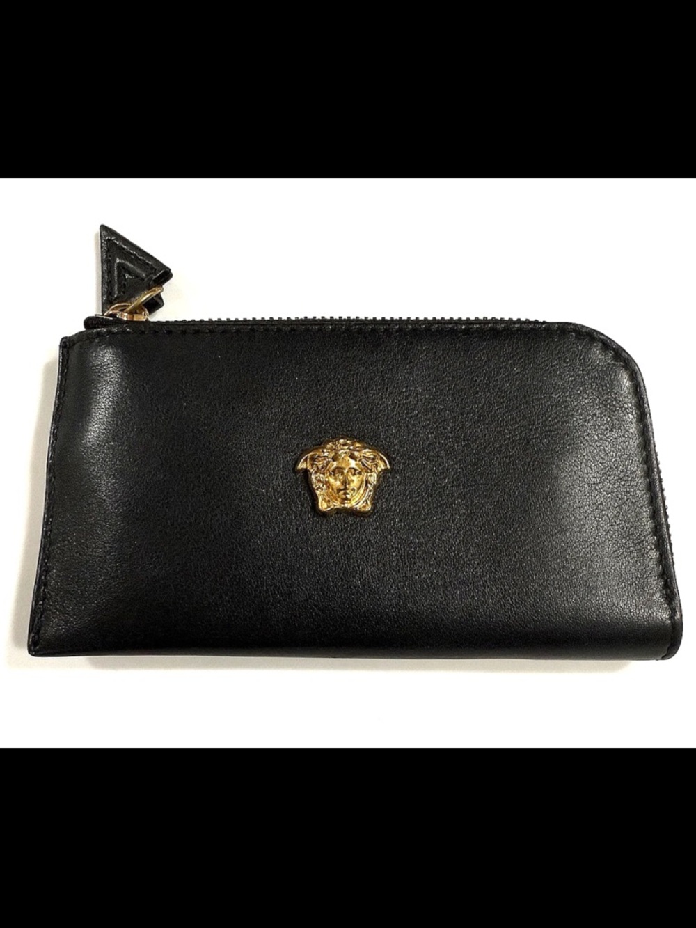 VERSACE - Black Leather Medusa Zip Card & Key Holder with Gold Hardware